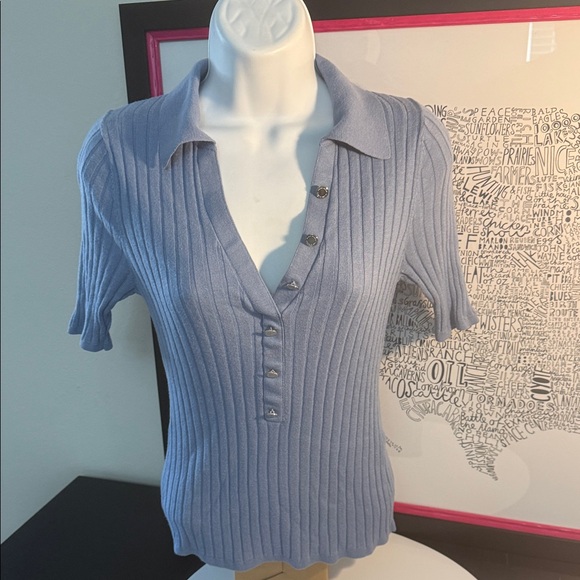 White House Black Market Tops - White House Black Market Light Blue Ribbed Blouse EUC